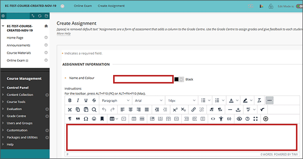 example screenshot of the create assignment screen with the name and colour; and the instructions fields highlighted 