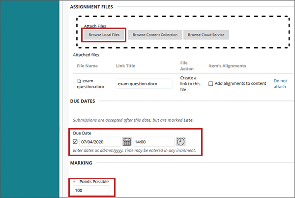 example screenshot of the create assignment screen with the browse my computer; due date; and points possible fields highlighted