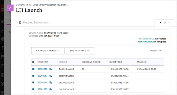 example screenshot showing the allocated submissions screen