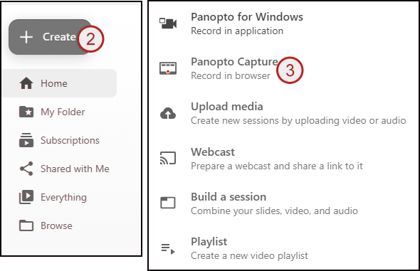 example screenshot showing the Create option and the Panopto Capture option