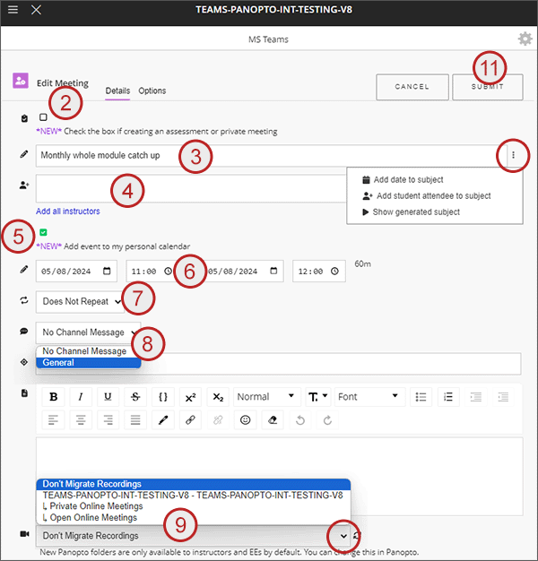 examle screenshot of creating an open meeting showing steps 2 to 9 and 11