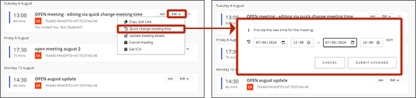 example screenshot showing the quick change meeting time