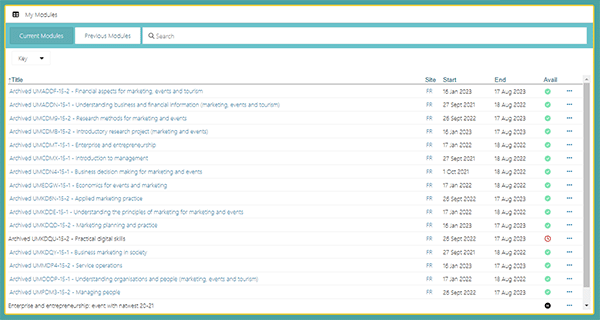 example screenshot of the previous modules tab for students