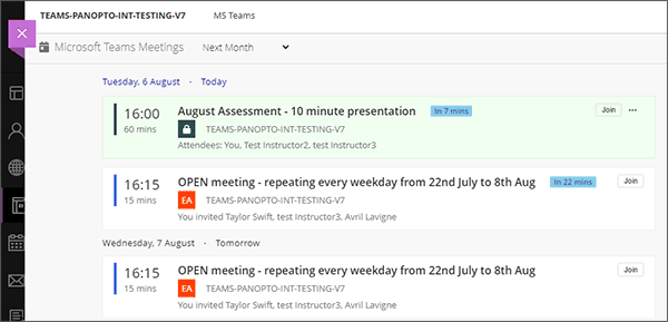 screenshot of a student view of the meetings list