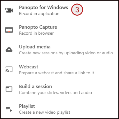 example screenshot of the Panopto for Windows option