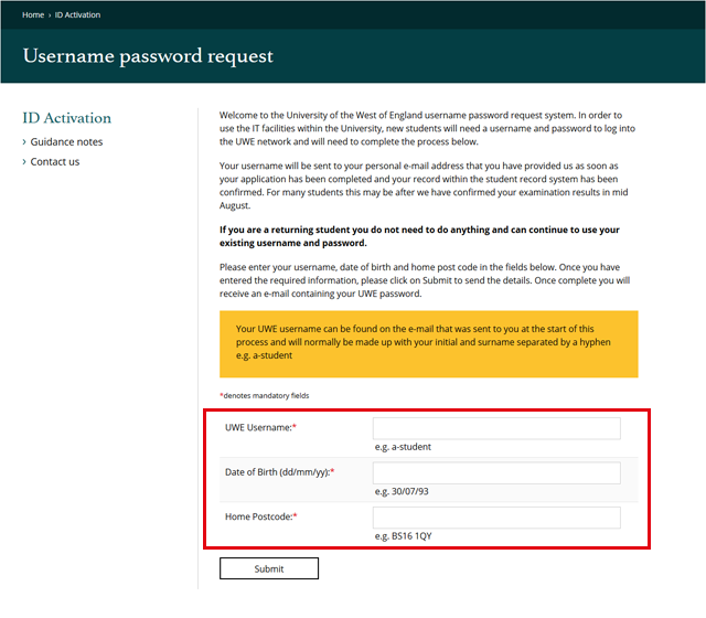 screenshot of web page highlighting location of login form details